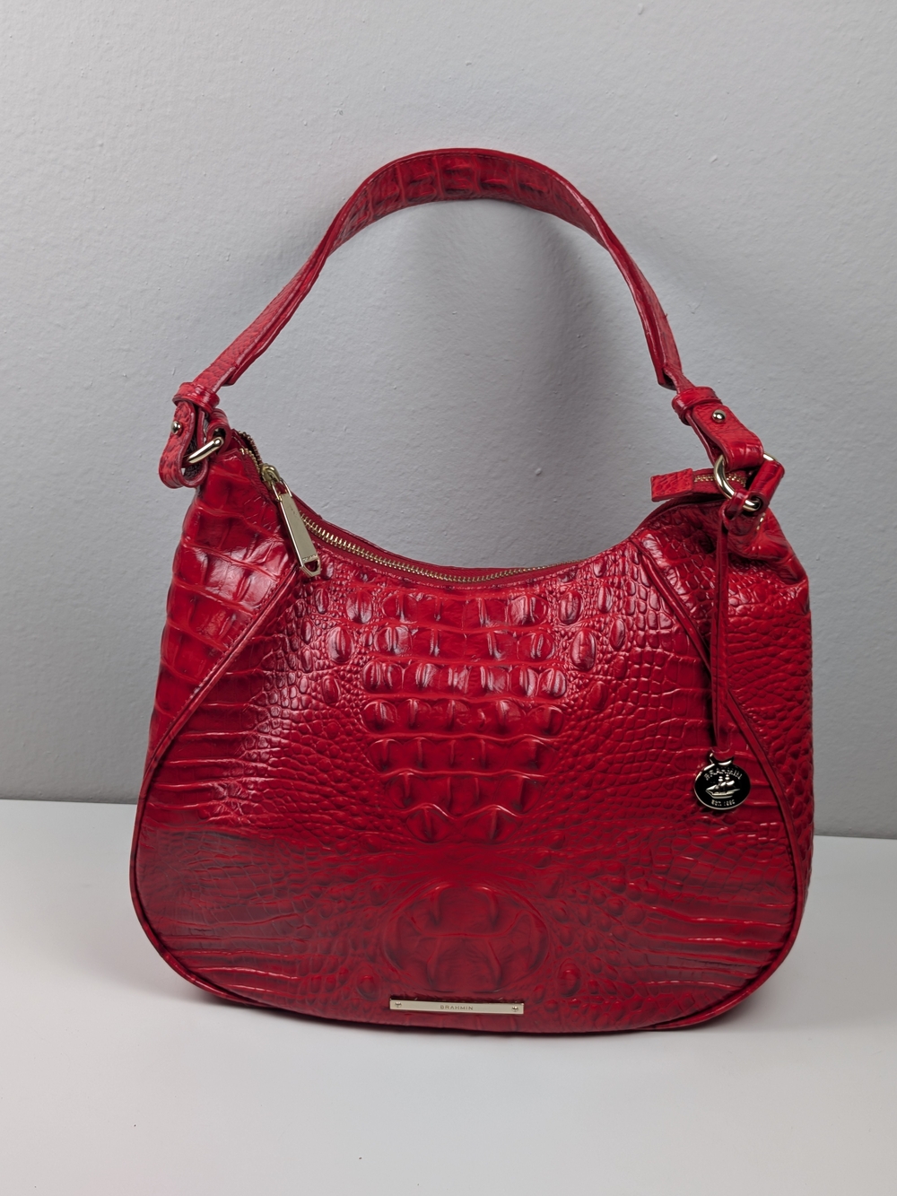 Brahmin Red Croc Embossed Leather Hobo Shoulder Bag Purse Melbourne Tote GUC